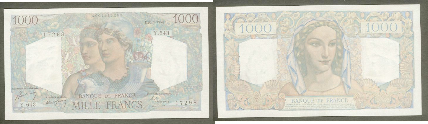 1000 Francs MINERVE ET HERCULE FRANCE 20.4.1950 SPL+
